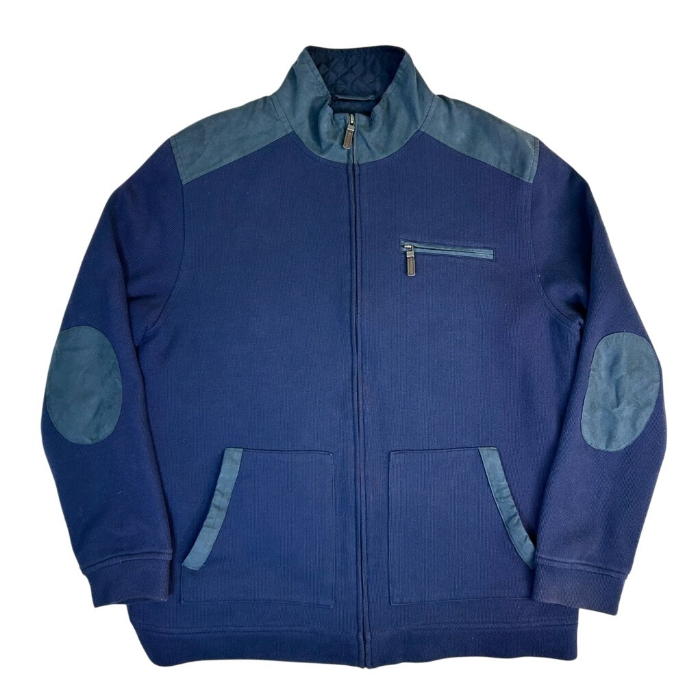 Tasso Elba Blue Rib Knit Jacket Faux Suede Trim Quilted Lining Men's Size Large